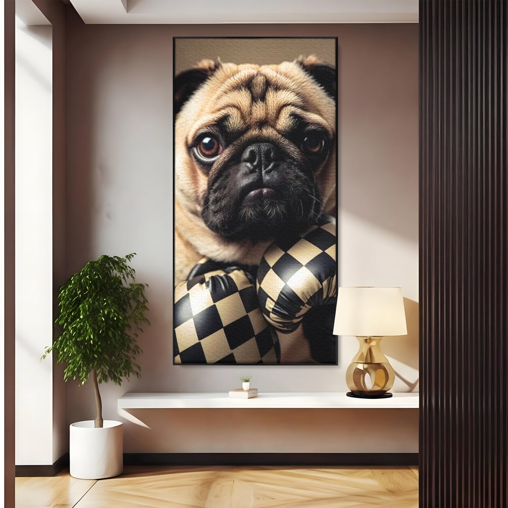 Tablou canvas cu tablou canvas cu pug in manusi de box, in rama de aluminiu negru